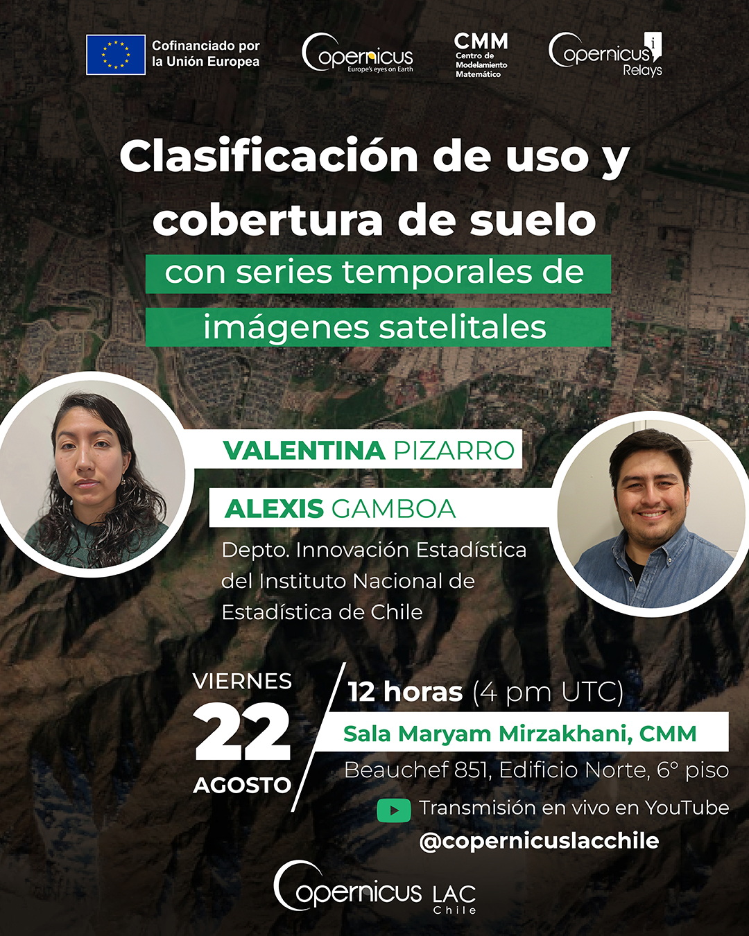 Afiche de Seminario Copernicus 22 de agosto: Clasificación de uso y cobertura de suelo con series temporales de imágenes satelitales